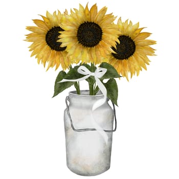 Sunflowers watercolor. A bouquet of flowers in a milk can with white bow. Vintage botanical drawing isolated on white background. Ideal for cards and party invitations. High quality illustration