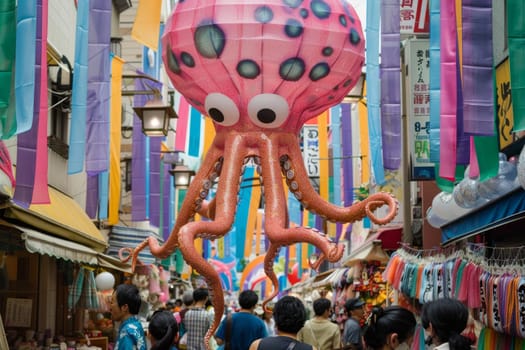 A vivid pink octopus decoration towers over a street bustling with Tanabata festival attendees