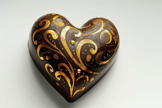 Detailed chocolate heart box with elegant gold designs on a white background, creating a romantic and luxurious feel.