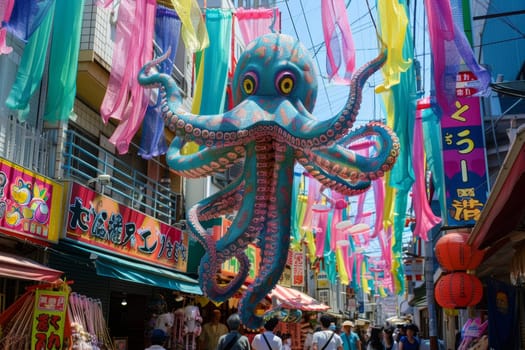 A vibrant octopus kite hovers over a bustling street market adorned with colorful streamers and traditional Japanese lanterns