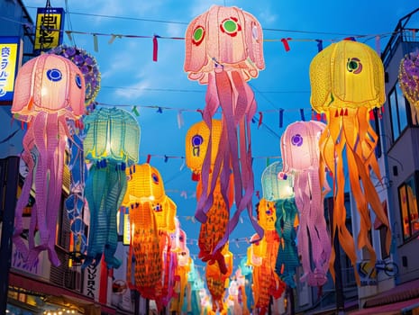 Illuminated jellyfish lanterns float above a street at night during the joyful Tanabata festival