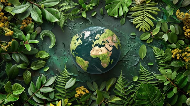 A vibrant green earth is surrounded by various leaves and colorful flowers, creating a beautiful and lively scene symbolizing Earth Day and the importance of nature conservation.