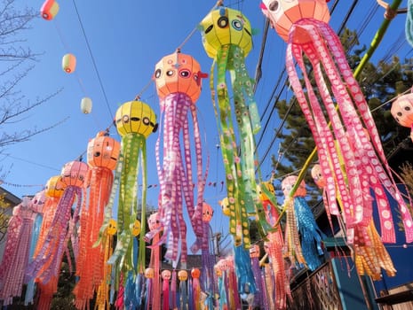 Sunlit, colorful streamers and lanterns hang during Tanabata, celebrating Japanese star festival traditions