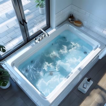 A rectangular bathtub made of composite material filled with blue fluid, sitting next to a window in a bathroom. The water resembles art in a glass building