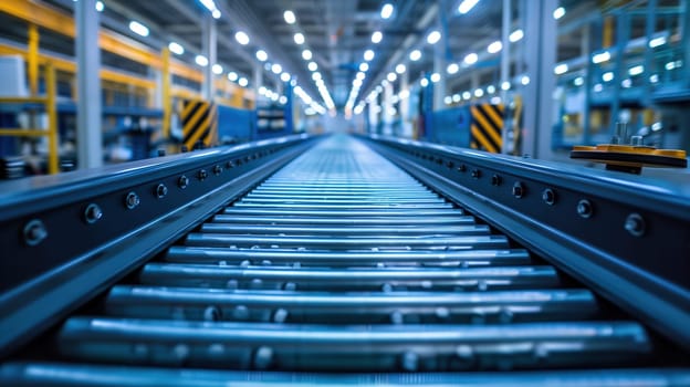 A conveyor belt is shown in a vast industrial setting, transporting products efficiently through the facility. The machinery moves steadily, showcasing the controlled workflow in the factory.
