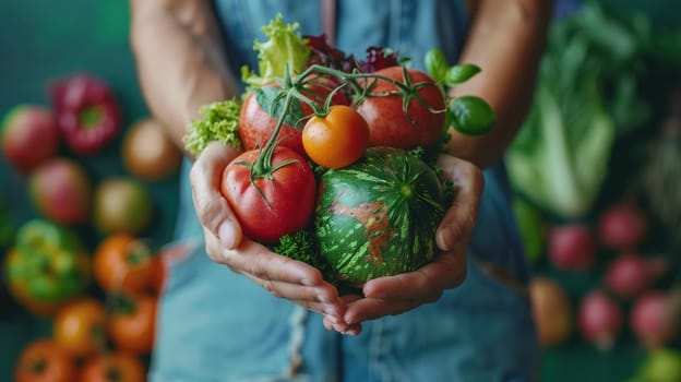 A person is holding a variety of fresh vegetables in their hands, showcasing a colorful array of produce. The vegetables are organic and look ripe and ready to be used in cooking or eaten raw.