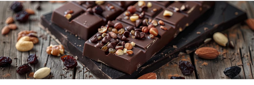 A detailed close-up of a chocolate bar filled with nuts and dried fruits, showcasing rich textures and appetizing appearance.