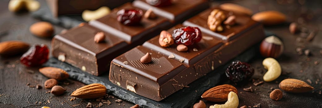 A chocolate bar adorned with nuts and cranberries, showcasing high detail and rich textures.