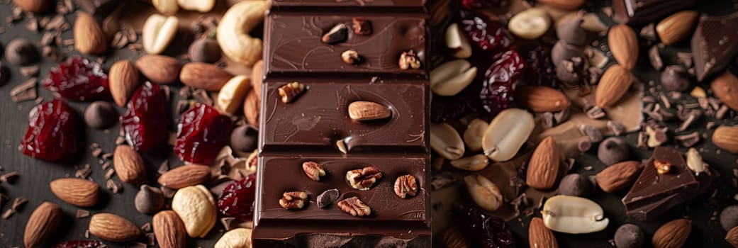 A decadent chocolate bar filled with crunchy nuts and sweet cranberries, creating a delightful combination of flavors and textures.