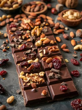 A delicious chocolate bar topped with nuts and cranberries, showcasing rich textures and natural ingredients.