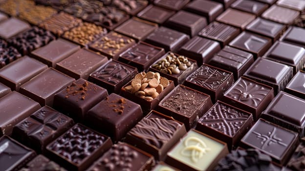 Close-up view of a variety of chocolate bars with different flavors and types, showcasing rich colors and high detail.