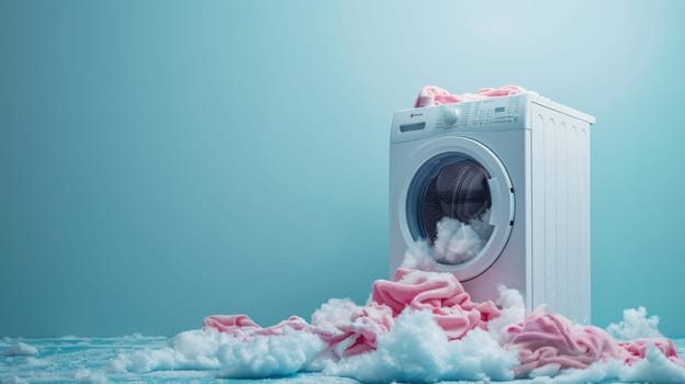 A white washing machine with clothes inside and a blue wall behind it. The clothes are wet and the machine is making a lot of noise