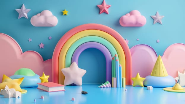 A colorful rainbow with stars and clouds in the background. The rainbow is surrounded by various items such as books, cups, and a box. Scene is cheerful and playful, with the rainbow