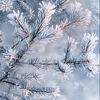 An evergreen larch tree covered in a freezing blanket of snow, showcasing intricate patterns on each branch and twig. A beautiful terrestrial plant in winter