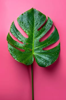 A green leaf covered in water drops from a terrestrial plant is contrasted against a pink background, showcasing the beauty of nature through macro photography