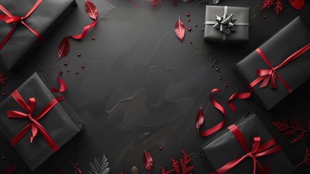 A black background adorned with vibrant red ribbons and beautifully wrapped presents, creating a festive and eye-catching display. The red pops against the dark backdrop, emphasizing the holiday spirit and sale concept of Black Friday.