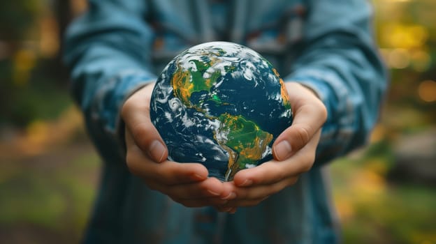 A person holding a small globe in their hands, symbolizing Earth Day concept. The hands gently cradle the globe, showcasing care for the planet and environmental awareness.