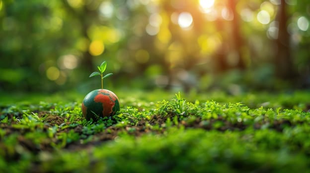 A small tree is seen growing out of a ball-shaped object nestled in the green grass. The young tree is beginning to take root, symbolizing growth and new life on Earth Day.