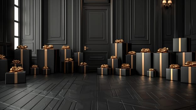 Numerous black and gold boxes are scattered throughout the room, creating a visually striking scene. The boxes vary in size and shape, stacked or lined up neatly, contributing to a sense of abundance.