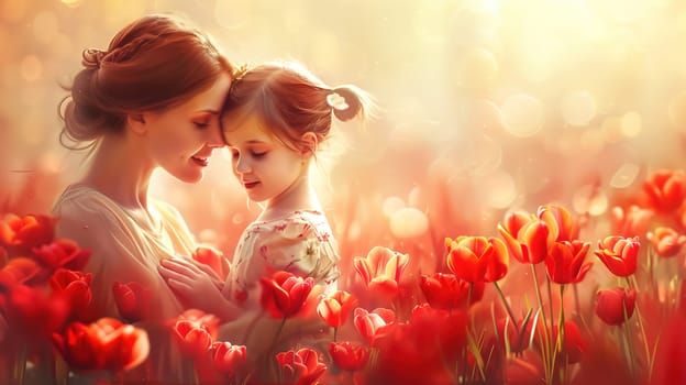 A woman and a child are standing in a field filled with colorful flowers. The woman is holding the childs hand while they both gaze at the beautiful natural surroundings.