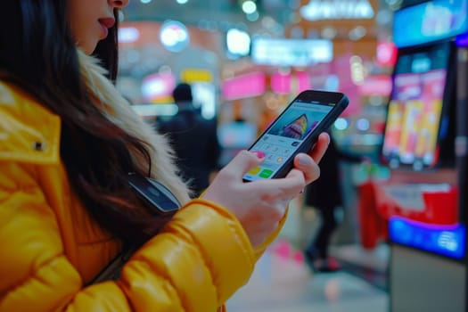 Closeup people using online payment at shopping mall.