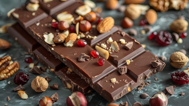 Detailed view of a chocolate bar filled with nuts and cranberries, showcasing rich textures and natural ingredients.