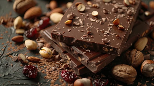 A detailed close-up of a chocolate bar surrounded by an assortment of nuts, showcasing rich textures and natural ingredients.