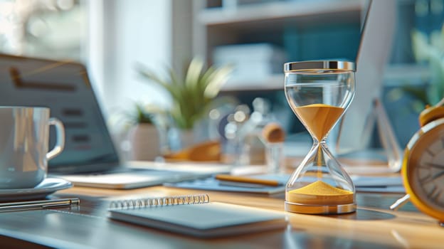 A desk with a laptop, a glass sand timer, and a potted plant. The scene is bright and inviting, with the sunlight streaming in through the window. The sand timer is a reminder to take breaks