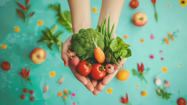 A person is holding a variety of fresh vegetables in their hands, showcasing a bountiful harvest from a garden or market. The colorful assortment includes tomatoes, carrots, peppers, and more.