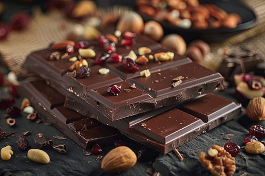 Detailed close up of a chocolate bar filled with nuts and dried fruits, showcasing rich textures and natural ingredients.