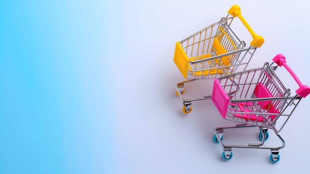 In the scene, two small shopping carts are positioned next to each other, symbolizing a sale or Black Friday concept. The carts are empty, waiting to be filled with items.