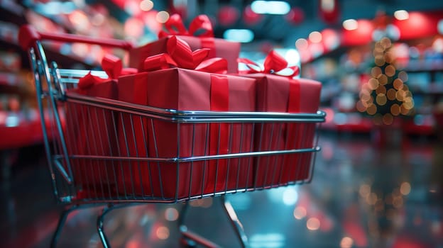 A shopping cart filled with red wrapped presents, symbolizing the holiday shopping season and sale promotions, possibly related to Black Friday deals. The cart is overflowing with gifts, ready to be purchased and gifted to loved ones.