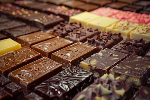 Close-up view of various types of chocolate bars in rich colors and high detail, neatly arranged.