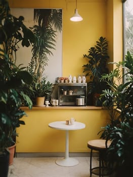 A minimalist coffee shop with tropical foliage decorating the cafe interior. Cafe with a yellowbackground. Generative AI.