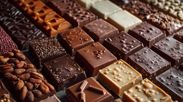 Close up view of an assortment of different types of chocolate bars, showcasing rich colors and textures.