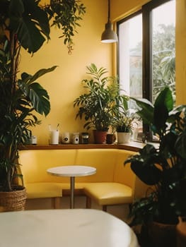 A minimalist coffee shop with tropical foliage decorating the cafe interior. Cafe with a yellowbackground. Generative AI.