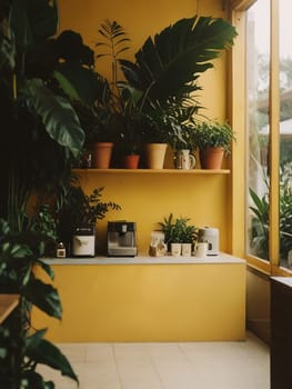 A minimalist coffee shop with tropical foliage decorating the cafe interior. Cafe with a yellowbackground. Generative AI.