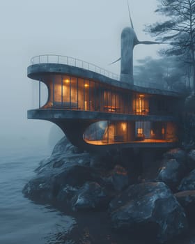 A house with a facade overlooking a body of water, perched atop a rock in a picturesque landscape under a cloudy sky