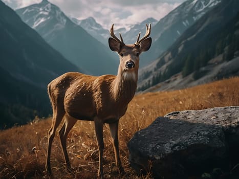 A deer standing on grass hill next to majestic mountains and forest with the view of sky and clouds. Generative AI.