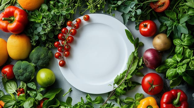 A white plate placed in the center of the frame, filled with an assortment of fresh and colorful vegetables such as tomatoes, cucumbers, carrots, bell peppers, and lettuce. The vegetables are neatly arranged around the plate, showcasing a healthy and balanced meal.