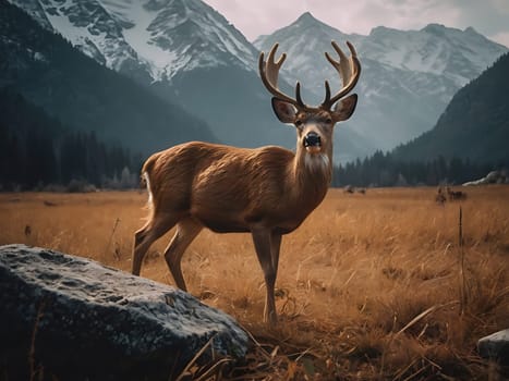 A deer standing on grass hill next to majestic mountains and forest with the view of sky and clouds. Generative AI.