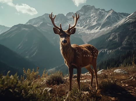 A deer standing on grass hill next to majestic mountains and forest with the view of sky and clouds. Generative AI.