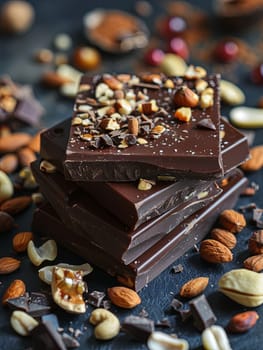 A detailed close-up of a stack of chocolate bars surrounded by nuts and dried fruits, featuring rich textures and natural ingredients.