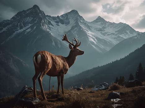 A deer standing on grass hill next to majestic mountains and forest with the view of sky and clouds. Generative AI.