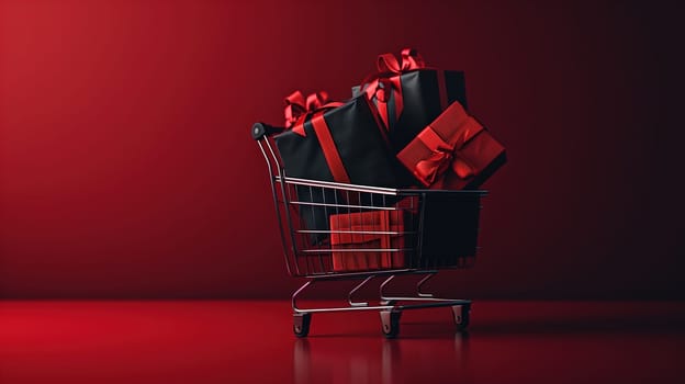 A shopping cart overflowing with colorful presents sits against a vibrant red background. The cart is filled with various sizes of wrapped gifts, hinting at a festive shopping spree.