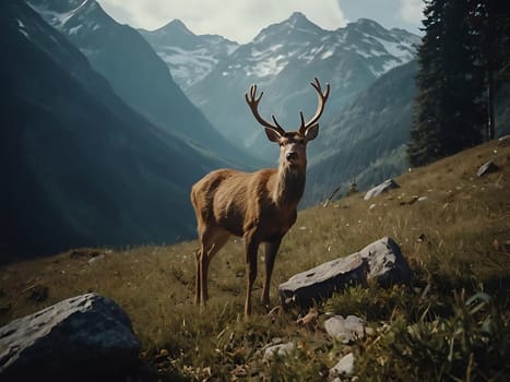 A deer standing on grass hill next to majestic mountains and forest with the view of sky and clouds. Generative AI.