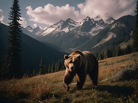 A grizzly bear standing on grass hill next to majestic mountains and forest with the view of sky and clouds. Generative AI.