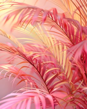 A closeup shot showcasing a pinkleafed palm tree, resembling feathers with hints of magenta. A stunning display of natures artistry