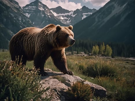 A grizzly bear standing on grass hill next to majestic mountains and forest with the view of sky and clouds. Generative AI.