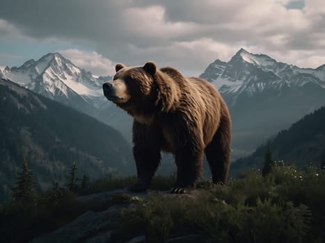 A grizzly bear standing on grass hill next to majestic mountains and forest with the view of sky and clouds. Generative AI.